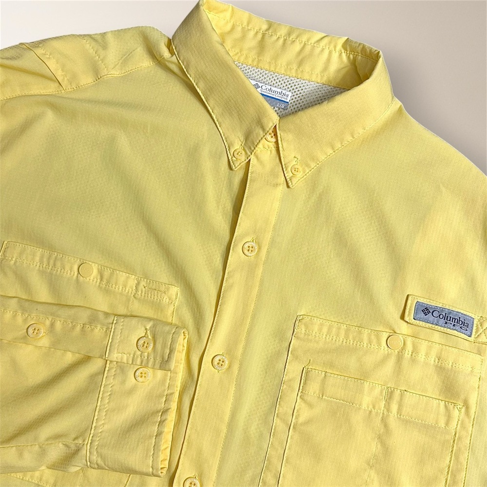 Columbia PFG Vented Fishing Shirt Mens L Yellow Long‎ Sleeve Performance Outdoor